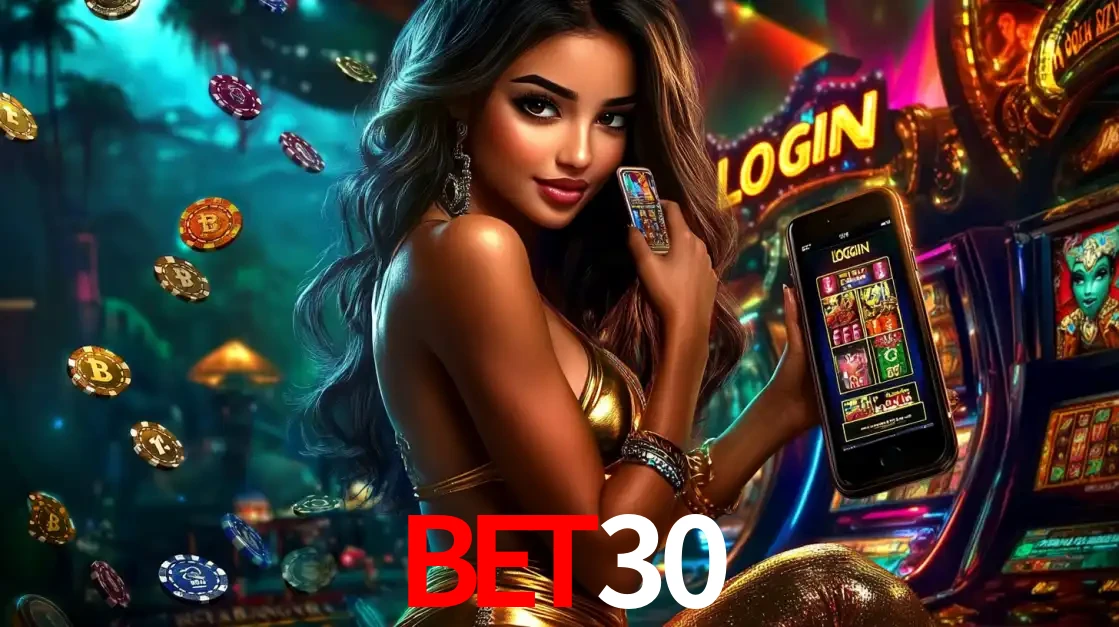 Mulher em um cenário de cassino temático de aventura, mostrando o app de caça-níqueis da BET30 no celular. Fichas de apostas flutuam ao redor.