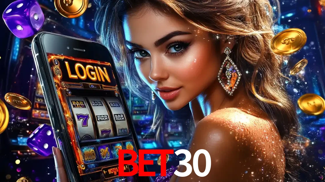 Mulher glamorosa segurando um smartphone com a tela de login para os jogos de caça-níqueis do cassino online BET30, com moedas de ouro e dados ao redor.